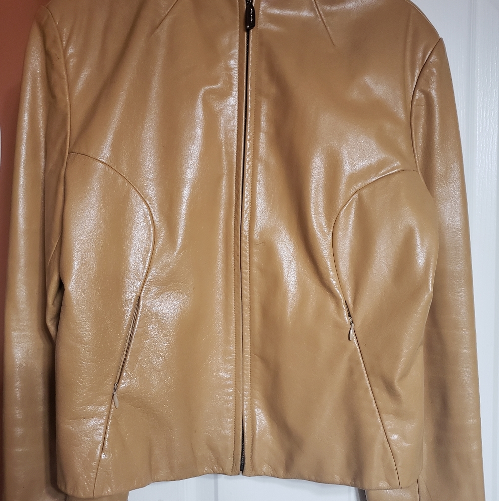 MARCIA COLLECTION BEIGE ZIP GENUINE LEATHER JACKET Sz.  LARGE